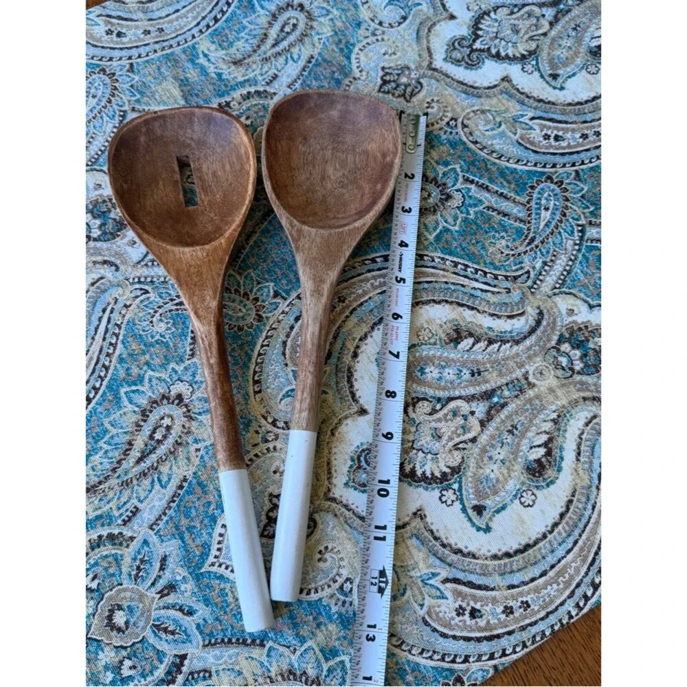 Wooden Salad Serving Spoon Set White Handles Vintage Wood Kitchen Utensils Pair